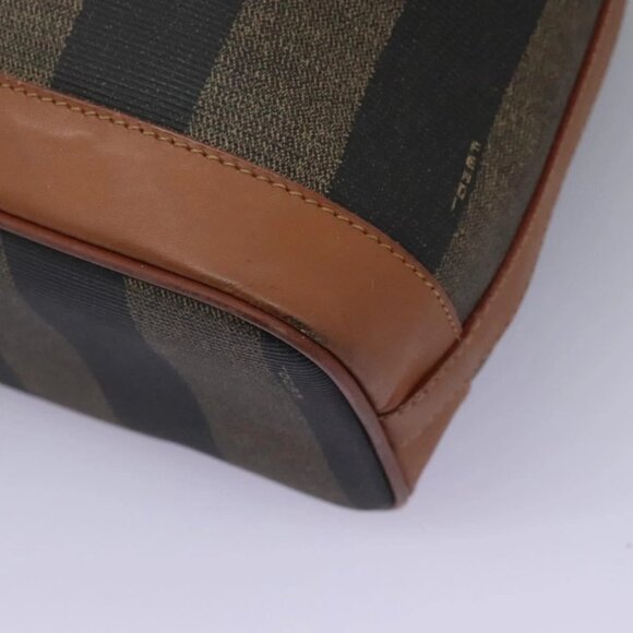 FENDI Pecan Canvas Shoulder Bag PVC Brown Black gold Auth yk18186 - Picture 5 of 16